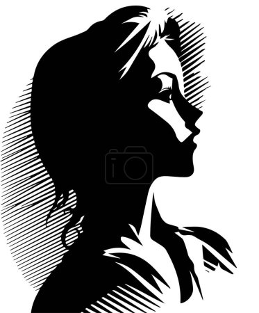 Black silhouette of a girl's head with flying hair on a white background. Vector illustration of woman's hand profiles