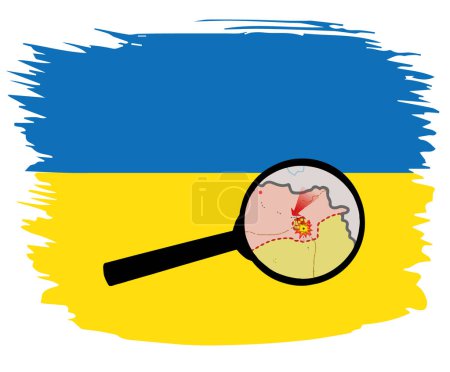 Une loupe représentant une carte des hostilités sur fond de drapeau ukrainien. Illustration vectorielle plate du drapeau ukraine avec loupe