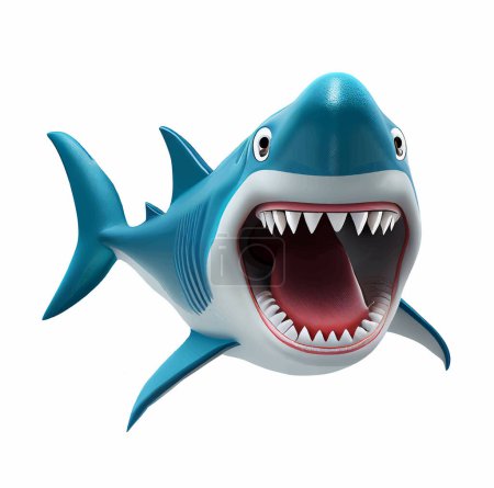 Requin dessin animé bleu à bouche ouverte sur fond blanc. Illustration vectorielle, impression en arrière-plan, impression sur tissu, papier peint, emballage.