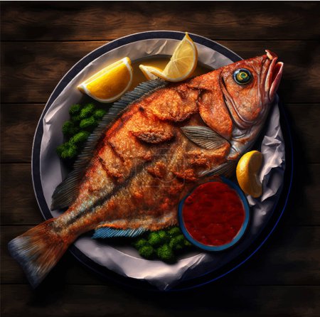 Illustration for Whole fried fish with rosemary and lemon on a plate. Vector illustration - Royalty Free Image