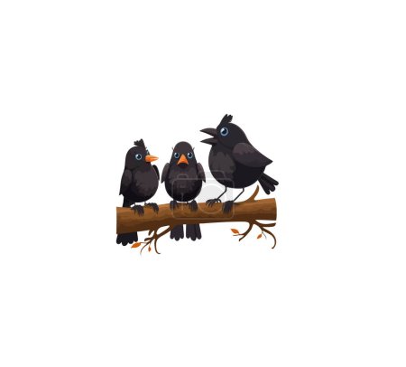 Zeichentrickkrähen auf einem Ast. Birdies Vektor Illustration isoliert auf weißem Hintergrund