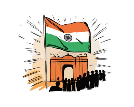 Ilustración de Ondeando la bandera de dibujos animados de la India con la gente. Ilustración vectorial - Imagen libre de derechos