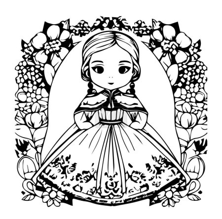 Illustration for Fairytale girl in cartoon black and white style for coloring. Vector illustration - Royalty Free Image