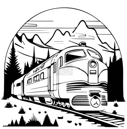 Cartoon image of a train on a background of mountains in black and white style for coloring. Vector illustration