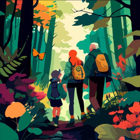 Ilustración de Ilustración vectorial de un bosque de cuento de hadas con una familia andante - Imagen libre de derechos