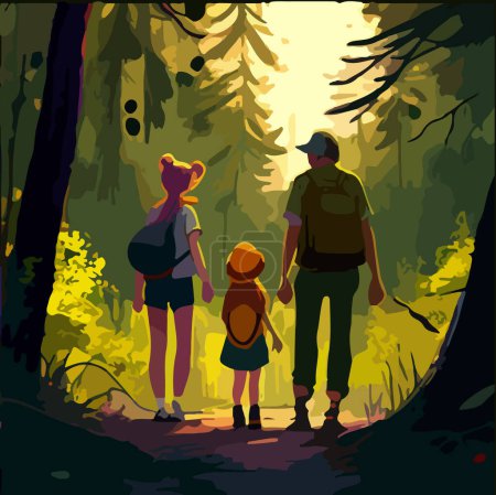Ilustración de Ilustración vectorial de un bosque de cuento de hadas con una familia andante - Imagen libre de derechos