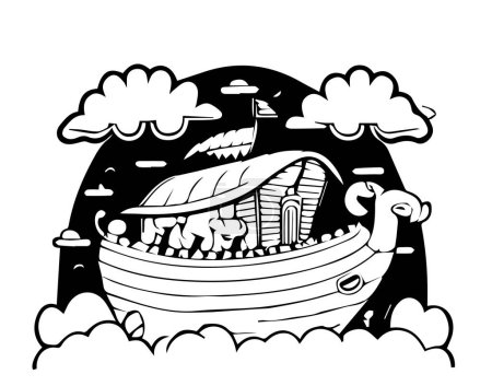 Téléchargez les illustrations : Arche de Cartoon Noah en noir et blanc pour la coloration. Illustration vectorielle - en licence libre de droit