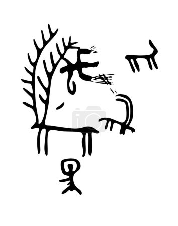 Téléchargez les illustrations : Des pétroglyphes rupestres représentant des gens avec un arc chassant des animaux. Illustration vectorielle de pétroglyphes rupestres préhistoriques découverts sur le territoire arménien - en licence libre de droit