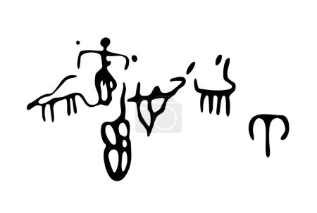 Téléchargez les illustrations : Des pétroglyphes rupestres représentant des gens avec un arc chassant des animaux. Illustration vectorielle de pétroglyphes rupestres préhistoriques découverts sur le territoire arménien - en licence libre de droit