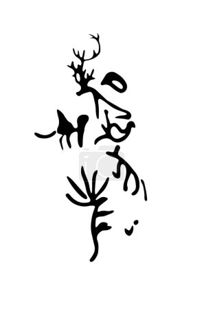 Téléchargez les illustrations : Pétroglyphes rocheux représentant des attaques de serpents sur le bétail ou les pâturages et les gens. Illustration vectorielle de pétroglyphes rupestres préhistoriques découverts sur le territoire arménien - en licence libre de droit
