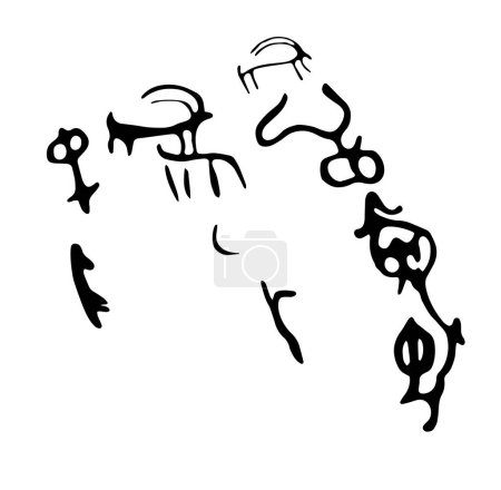 Ilustración de Ilustración vectorial de pinturas rupestres que representan la caza y los animales domésticos en el pasto. Petroglifos rocosos prehistóricos descubiertos en Armenia - Imagen libre de derechos