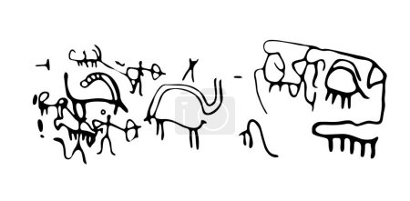 Téléchargez les illustrations : Illustration vectorielle de peintures rupestres représentant la chasse et les animaux domestiques dans les pâturages. Des pétroglyphes rupestres préhistoriques découverts en Arménie - en licence libre de droit
