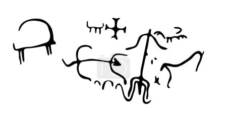Ilustración de Ilustración vectorial de una manada de pinturas rupestres de ganado. Petroglifos rocosos prehistóricos descubiertos en el territorio de Armenia - Imagen libre de derechos