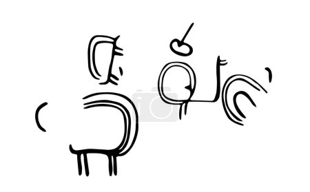 Ilustración de Petroglifos rupestres que representan la invasión de depredadores y personas que defienden animales domésticos. Ilustración vectorial de petroglifos de roca prehistóricos descubiertos en el territorio de Armenia - Imagen libre de derechos