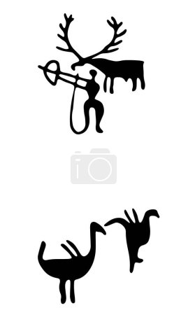 Téléchargez les illustrations : Pétroglyphes rocheux représentant l'invasion des prédateurs et des personnes défendant les animaux domestiques. Illustration vectorielle de pétroglyphes rupestres préhistoriques découverts sur le territoire arménien - en licence libre de droit