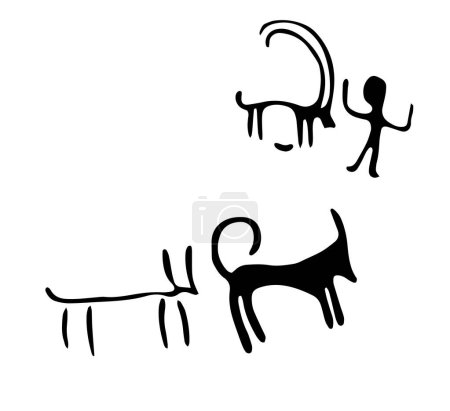 Felszeichnungen, die die Invasion von Raubtieren und Menschen darstellen, die Haustiere verteidigen. Vektorillustration prähistorischer Felszeichnungen, die auf dem Territorium Armeniens entdeckt wurden
