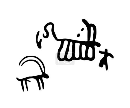 Ilustración de Petroglifos rupestres que representan la invasión de depredadores y personas que defienden animales domésticos. Ilustración vectorial de petroglifos de roca prehistóricos descubiertos en el territorio de Armenia - Imagen libre de derechos