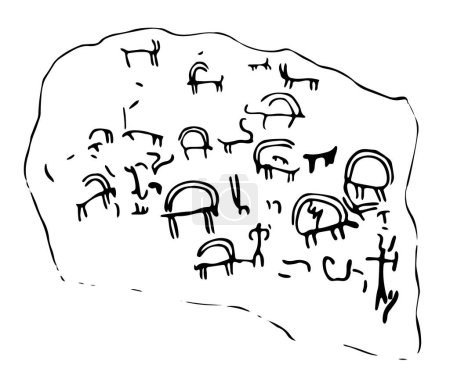 Téléchargez les illustrations : Pétroglyphes rocheux représentant l'invasion des prédateurs et des personnes défendant les animaux domestiques. Illustration vectorielle de pétroglyphes rupestres préhistoriques découverts sur le territoire arménien - en licence libre de droit