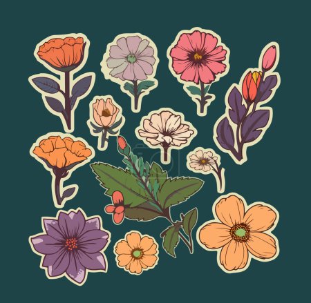Flat vector illustration of floral stickers set