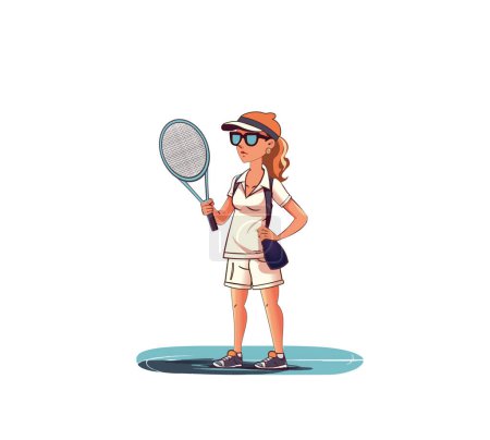 Chica de dibujos animados dibujado a mano con una raqueta de tenis en sus manos sobre un fondo blanco. Ilustración vectorial