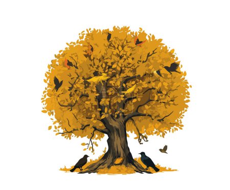 Vector illustration of a tree with yellow foliage and black crows