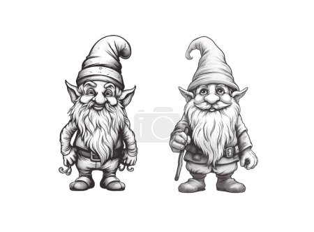 Téléchargez les illustrations : Illustration vectorielle de deux gnomes en noir et blanc pour la coloration - en licence libre de droit