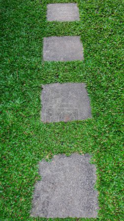 Téléchargez les photos : Chemin de pierre de forme carrée en béton posé sur l'herbe au jardin ou au parc. - en image libre de droit