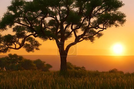 Téléchargez les photos : Silhouette d'Acacia à un coucher de soleil spectaculaire en Afrique. - en image libre de droit