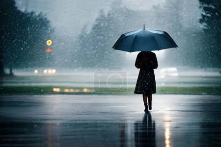 A people with an umbrella in the middle of heavy rain at the road background.