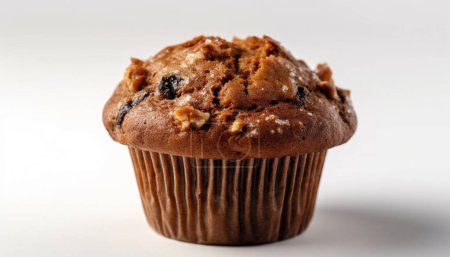 Muffin au chocolat isolé sur fond blanc vue de côté détail close up studio présentation du produit .