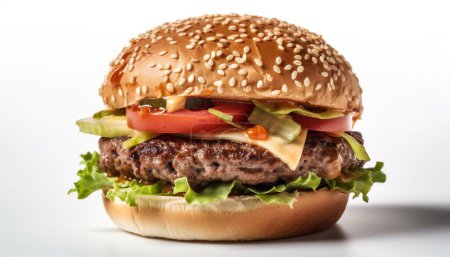 Foto de Queso americano barbacoa de carne de res con lechuga de tomate jugosa hamburguesa de carne rápida presentación estudio producto aislado sobre fondo blanco. - Imagen libre de derechos