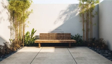 Natural minimalista casa patio trasero con un poco de jardín y banco de madera un lugar para relajarse y sentarse. Como fondo y telón de fondo.