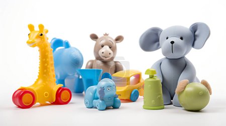 Kolorowe różne zabawki dla dzieci i zabawy, takie jak lalka, samochód, zwierzę i piłka.