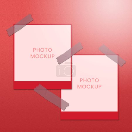 Photo for Red background 2 slide photo collage frame mockup, photo collage preview on wall background photo - Royalty Free Image