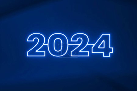 Blue neon light 2024 text effect glow in the dark template, happy New year neon text-stock-photo