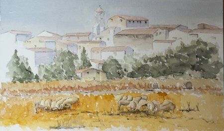 Téléchargez les photos : Thème rural aquarelle peinture avec troupeau de moutons pâturage dans le domaine - en image libre de droit