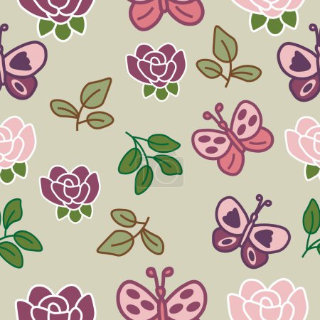 Illustration for Vector seamless repeat pattern, light green background with flowers, butterflies, and leaves - Royalty Free Image