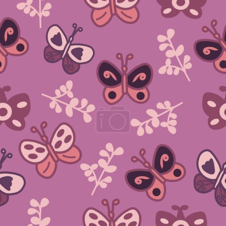 Illustration for Vector seamless repeat pattern, purple background with butterflies and leaves - Royalty Free Image
