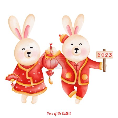 Cute bunny in Chinese traditional costume and Decoration, Cheongsam dress, the year of rabbi