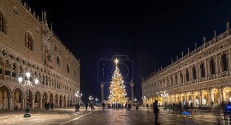 Photo for Venice, Italy - December 19, 2023: Christmas tree with lights in San Marco square in the evening - Royalty Free Image