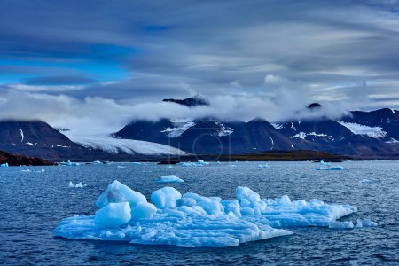 Téléchargez les photos : Arctic Svalbard. Terre de glace. Voyager dans l'Arctique norvégien. Montagne enneigée blanche, glacier bleu Svalbard, Norvège. Iceberg au pôle Nord. Ciel bleu avec banquise. - en image libre de droit