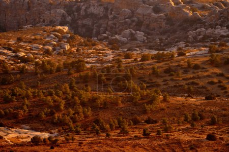 Foto de Jordania atardecer paisaje. Montaña rocosa con noche naranja en la Reserva de la Biosfera Dana, Jorda. Viajar por Arabia. Piedras y valle en Dana naturaleza, vida silvestre. - Imagen libre de derechos