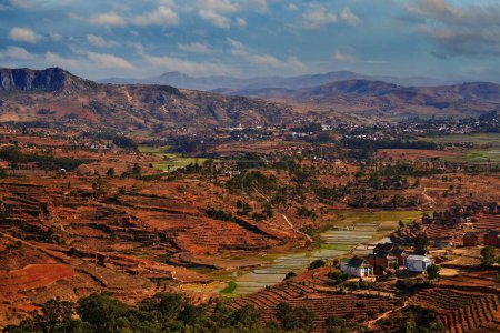 Photo for Madagascar landscape. mountain with fields and villages. Nature destruction in Africa, hot season in Madagascar. Orange fields with houses. Lookout view on the hills in Madagascar in Africa. - Royalty Free Image