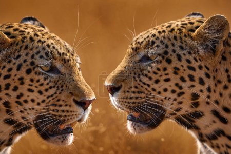 Téléchargez les photos : Deux portraits en gros plan du coucher de soleil sur l'herbe dorée léopard, Savuti, Chobe NP, au Botswana, en Afrique. Grand chat tacheté dans la nature sauvage. Faune Botswana. - en image libre de droit