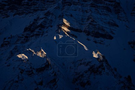 Photo for Spiti Valley in India. Himalaya mountain range, aerial view on the hill, Ladakh in India. Asia mountain Himalayas, blue winter landscape with rocky hill a snow range. Wild nature in India. - Royalty Free Image