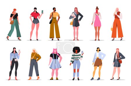 Ensemble de jeunes femmes modernes élégantes dans les vêtements urbains de mode isolés personnages de dessins animés plats. Société ou population, diversité sociale. Illustration vectorielle en plan, isolée sur blanc.