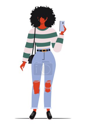 Ilustración de Mujer afroamericana en ropa moderna con un teléfono en la mano. Chica joven con afro, rizado pelo rizado peinado. Bonita cara femenina con peinado rizado, peinado. Ilustración vectorial - Imagen libre de derechos