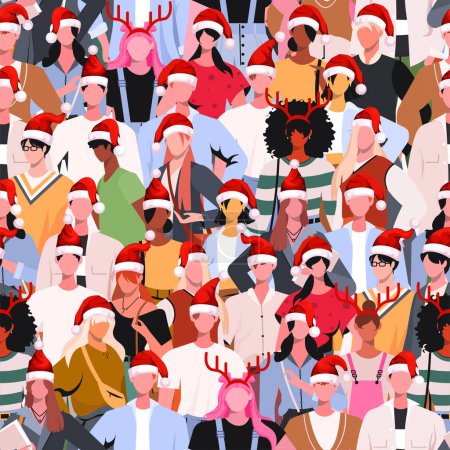 Scharen von Jungen und Frauen in trendigen Kleidern und Nikolausmützen feiern Neujahr oder Weihnachten. Gesellschaft oder Bevölkerung, soziale Vielfalt. Nahtloses Muster.