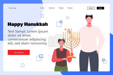 Illustration for Son holds Hanukkah menorah in his hands and the father lights the candles. Jewish traditional holiday Hanukkah. Modern web page design template. Vector illustration concept for website development. - Royalty Free Image