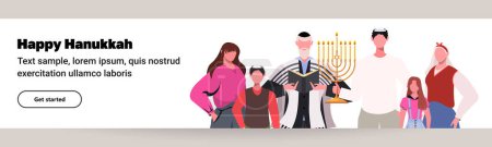 Illustration for Portrait of a Jewish family standing together with a menorah. Happy Hanukkah traditional Jewish holiday banner. - Royalty Free Image